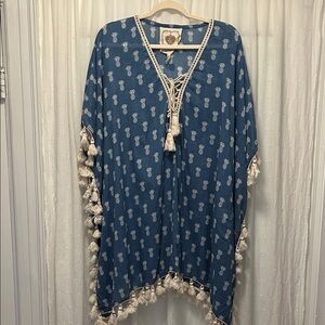 Z&L Coverup Women’s S/M Blue Pineapple Print Swim Bohemian Beach Resort Kaftan